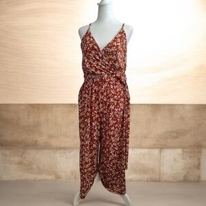 Kaileigh Rust V-Neck BacklesFloral Jumpsuit, Size L - Spring, Vacation